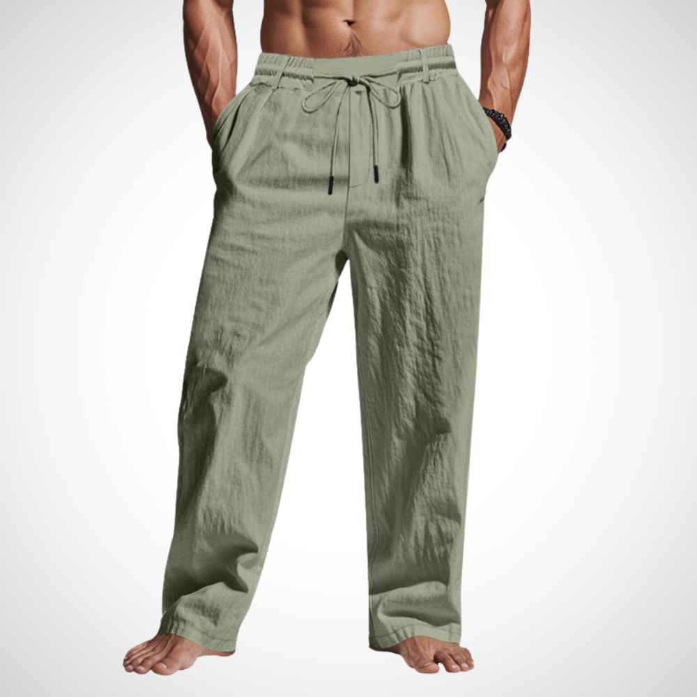 NOUVEAU RICHE Atmungsaktive Leinenhose Herren Relaxed Fit Kordelzug Lange Grün