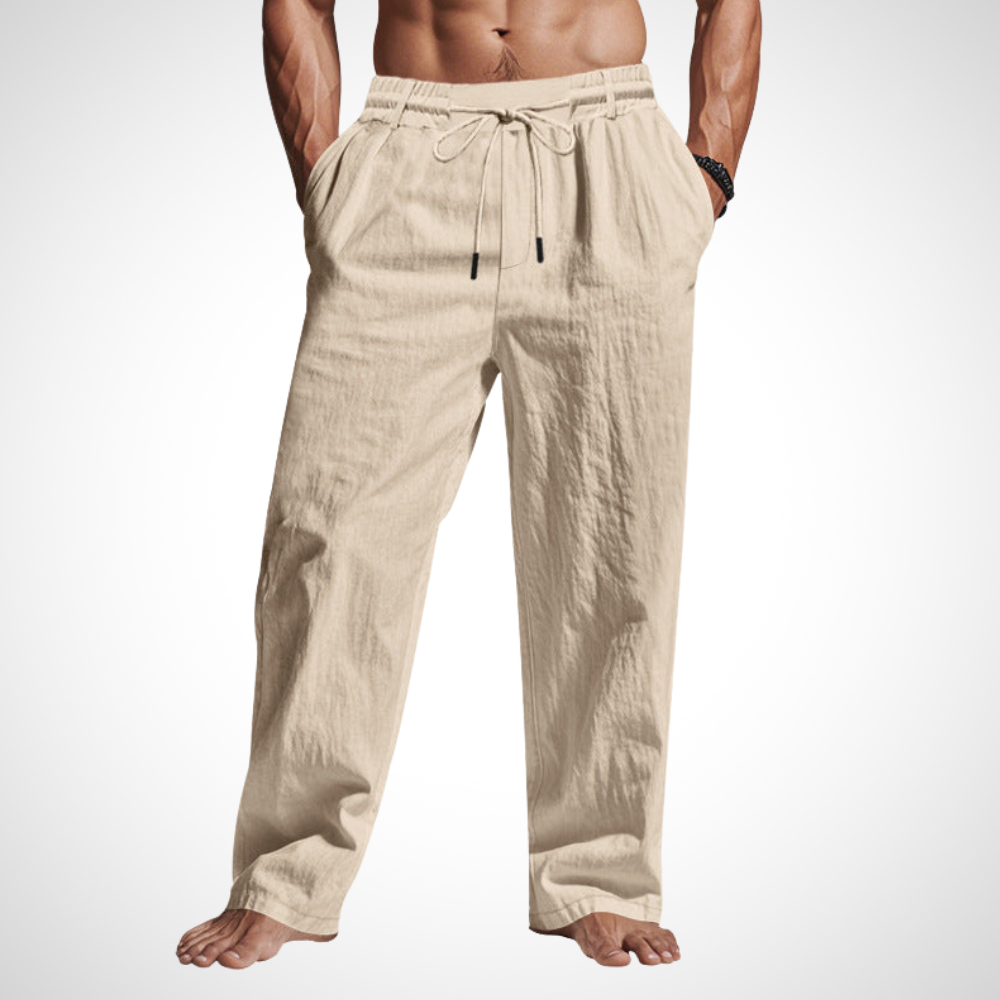 NOUVEAU RICHE Atmungsaktive Leinenhose Herren Relaxed Fit Kordelzug Lange Khaki