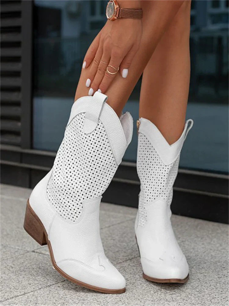 NOUVEAU RICHE Atmungsaktive Schicke Cowboystiefel Mit Reissverschluss weiß 35