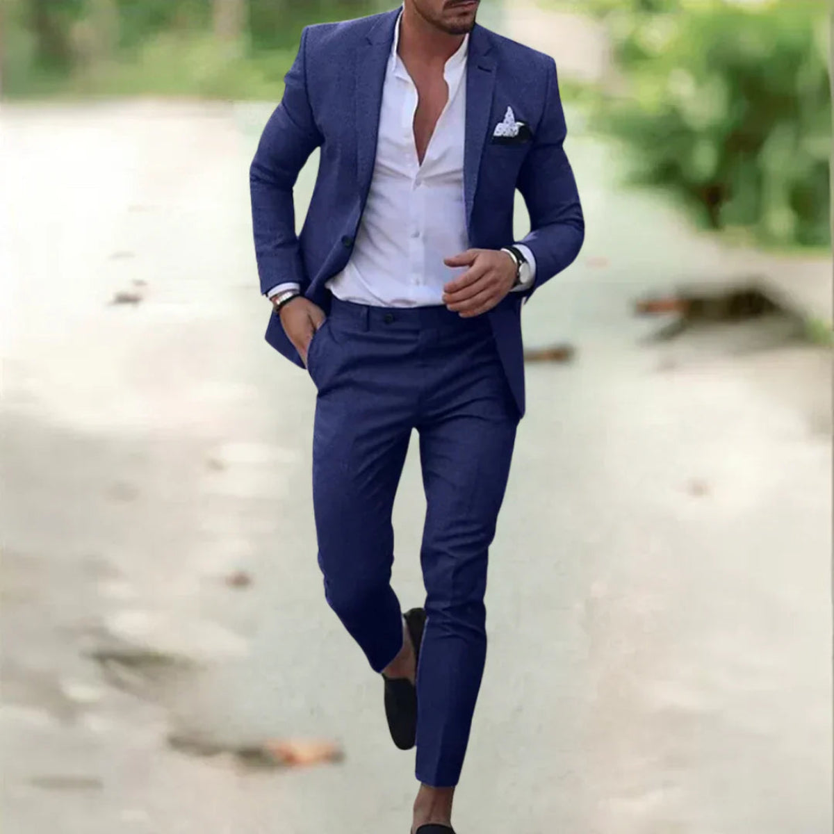 NOUVEAU RICHE Atmungsaktiver Slim Fit Leinenanzug Für Herren Sommer Blau