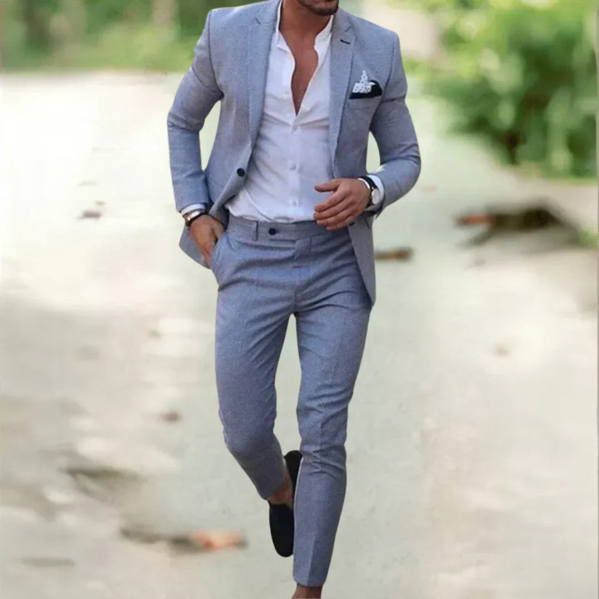 NOUVEAU RICHE Atmungsaktiver Slim Fit Leinenanzug Für Herren Sommer Grau