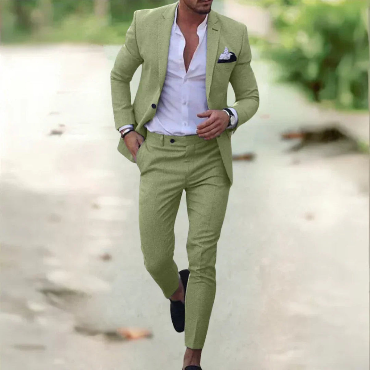 NOUVEAU RICHE Atmungsaktiver Slim Fit Leinenanzug Für Herren Sommer Grün