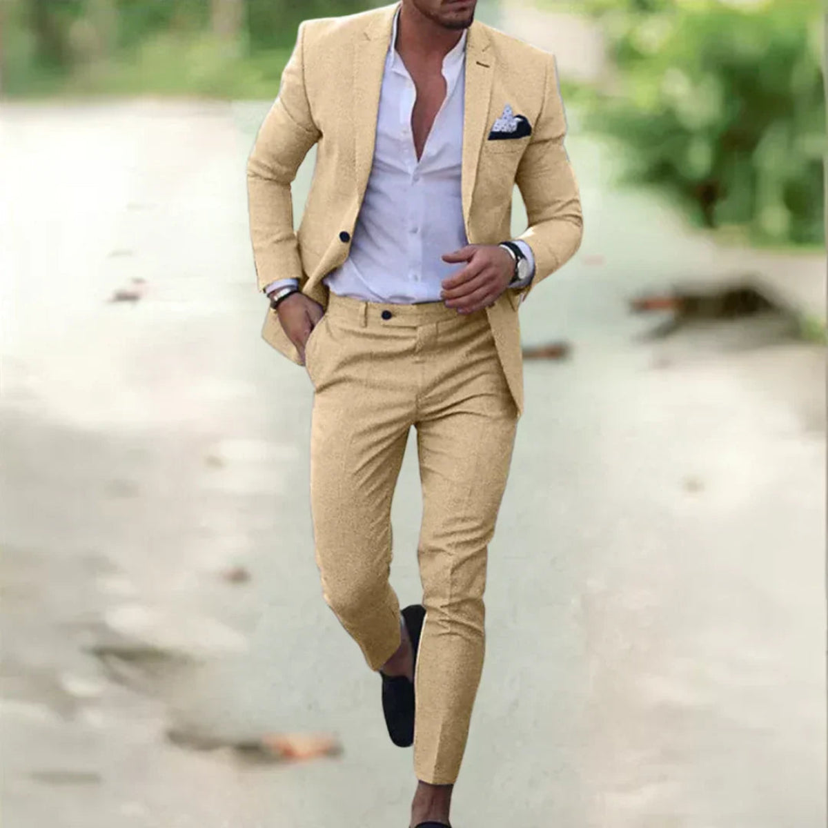 NOUVEAU RICHE Atmungsaktiver Slim Fit Leinenanzug Für Herren Sommer Beige