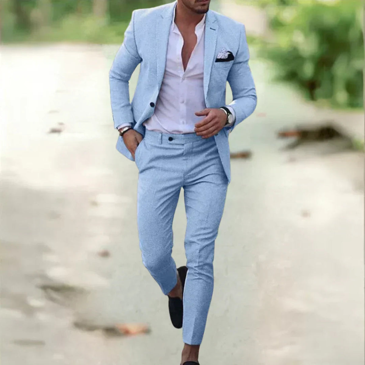 NOUVEAU RICHE Atmungsaktiver Slim Fit Leinenanzug Für Herren Sommer Hellblau