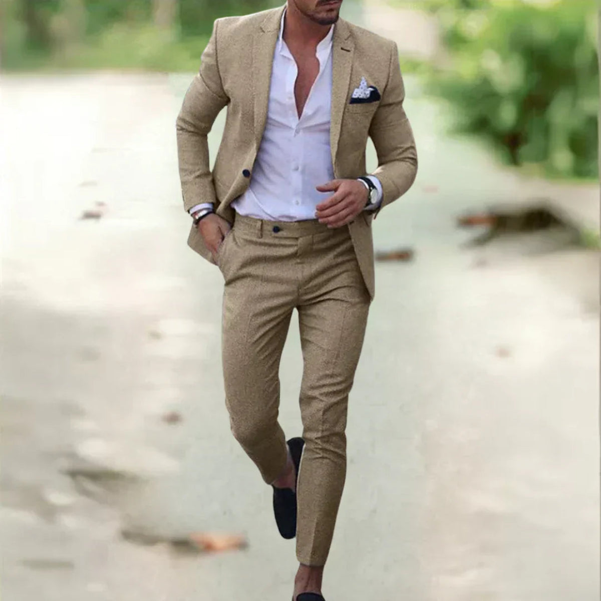 NOUVEAU RICHE Atmungsaktiver Slim Fit Leinenanzug Für Herren Sommer Khaki