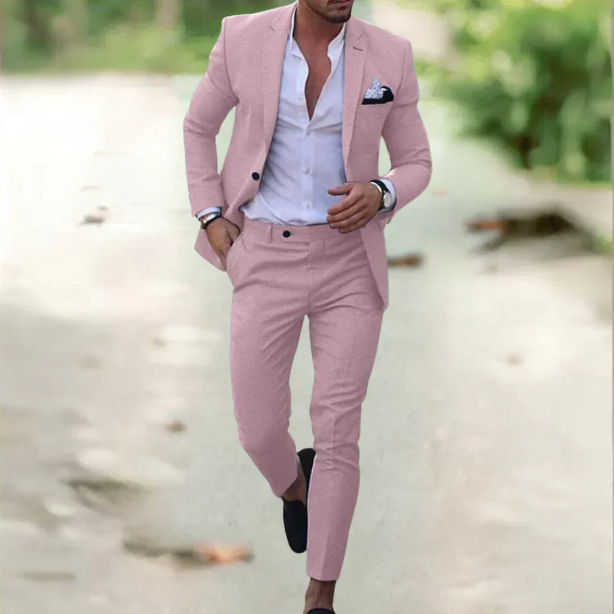 NOUVEAU RICHE Atmungsaktiver Slim Fit Leinenanzug Für Herren Sommer Rosa