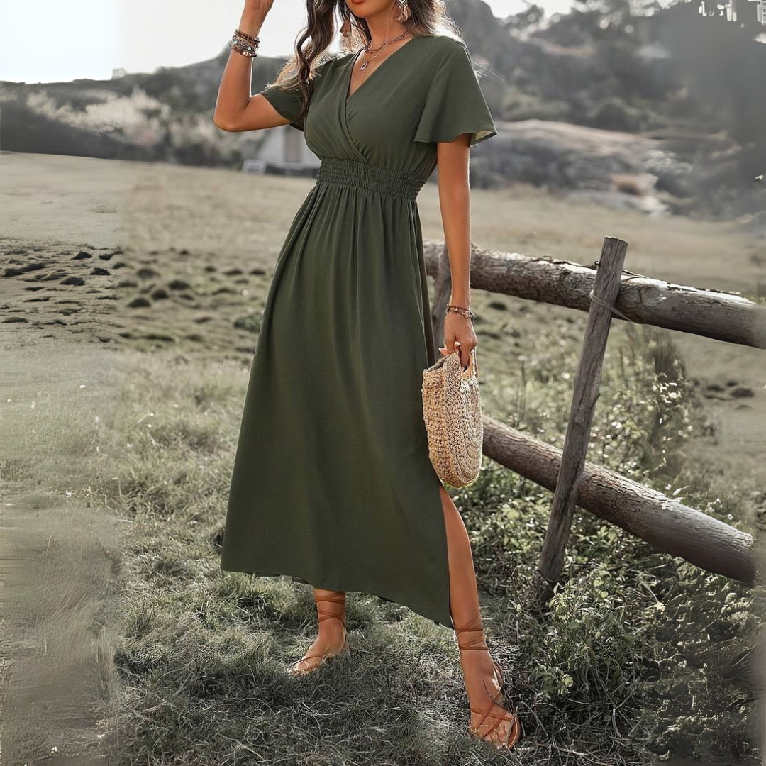 NOUVEAU RICHE Atmungsaktives V Ausschnitt Midikleid Mit Schlitz Für Damen