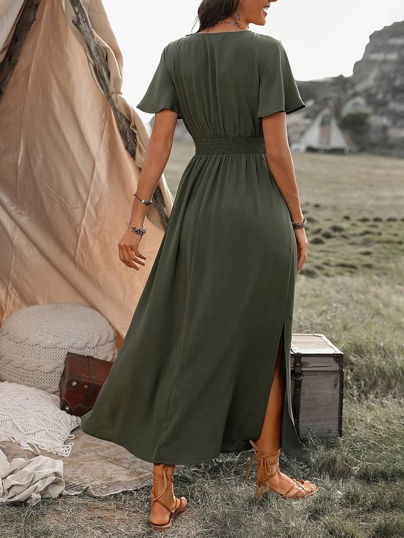 NOUVEAU RICHE Atmungsaktives V Ausschnitt Midikleid Mit Schlitz Für Damen