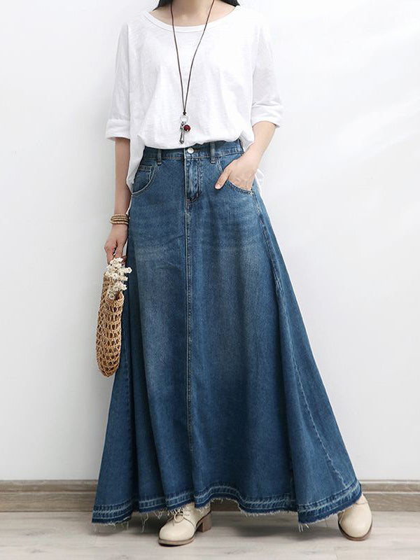 NOUVEAU RICHE Ausgestellter Maxi-Jeansrock in A-Linie aus Baumwolldenim mit Hoch Taillierter Silhouette und Ausgefranstem Saum für Damen Dunkelblau