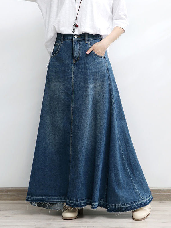 NOUVEAU RICHE Ausgestellter Maxi-Jeansrock in A-Linie aus Baumwolldenim mit Hoch Taillierter Silhouette und Ausgefranstem Saum für Damen