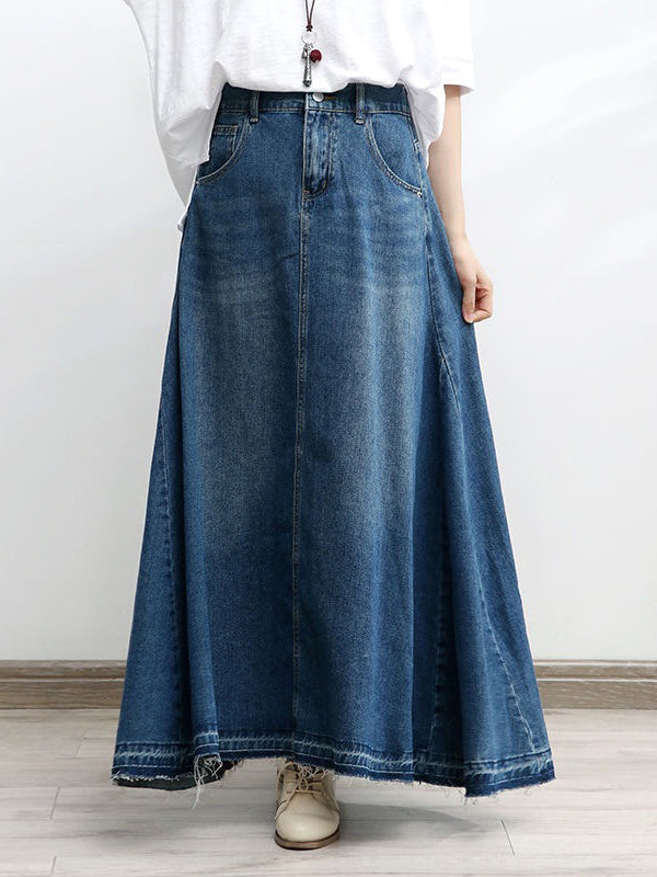 NOUVEAU RICHE Ausgestellter Maxi-Jeansrock in A-Linie aus Baumwolldenim mit Hoch Taillierter Silhouette und Ausgefranstem Saum für Damen