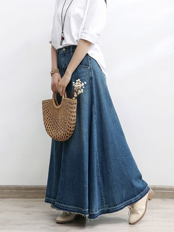 NOUVEAU RICHE Ausgestellter Maxi-Jeansrock in A-Linie aus Baumwolldenim mit Hoch Taillierter Silhouette und Ausgefranstem Saum für Damen
