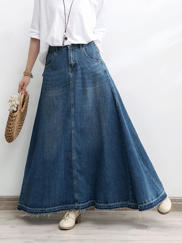 NOUVEAU RICHE Ausgestellter Maxi-Jeansrock in A-Linie aus Baumwolldenim mit Hoch Taillierter Silhouette und Ausgefranstem Saum für Damen