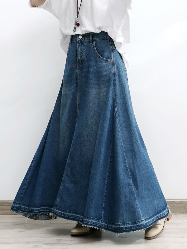 NOUVEAU RICHE Ausgestellter Maxi-Jeansrock in A-Linie aus Baumwolldenim mit Hoch Taillierter Silhouette und Ausgefranstem Saum für Damen