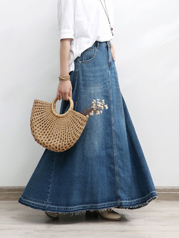 NOUVEAU RICHE Ausgestellter Maxi-Jeansrock in A-Linie aus Baumwolldenim mit Hoch Taillierter Silhouette und Ausgefranstem Saum für Damen