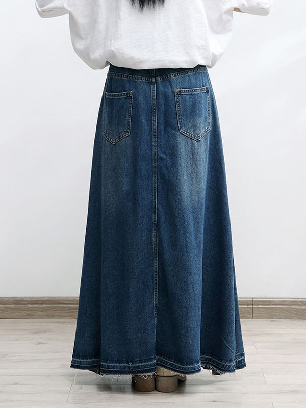 NOUVEAU RICHE Ausgestellter Maxi-Jeansrock in A-Linie aus Baumwolldenim mit Hoch Taillierter Silhouette und Ausgefranstem Saum für Damen