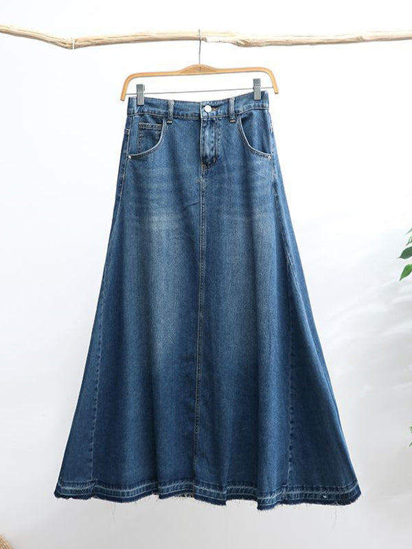 NOUVEAU RICHE Ausgestellter Maxi-Jeansrock in A-Linie aus Baumwolldenim mit Hoch Taillierter Silhouette und Ausgefranstem Saum für Damen
