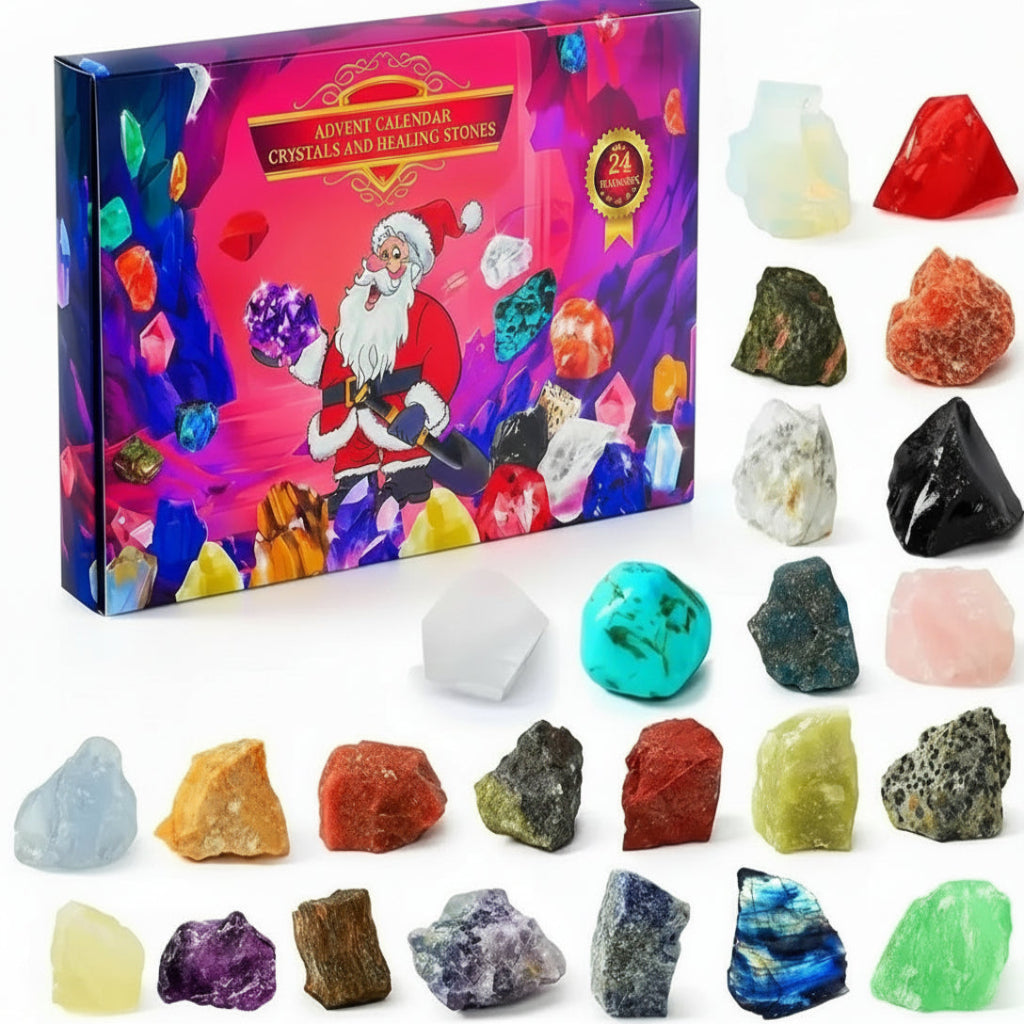 NOUVEAU RICHE Edelstein Adventskalender – 24 natürliche Kristalle & Steine für den Countdown bis Weihnachten, Geschenk für Steinsammler, 2 Varianten Variante A