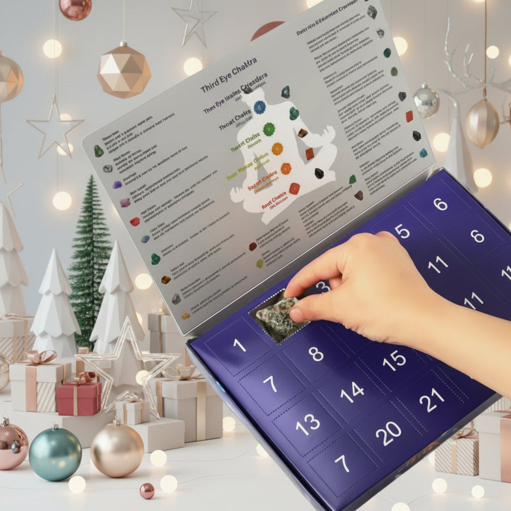 NOUVEAU RICHE Edelstein Adventskalender – 24 natürliche Kristalle & Steine für den Countdown bis Weihnachten, Geschenk für Steinsammler, 2 Varianten