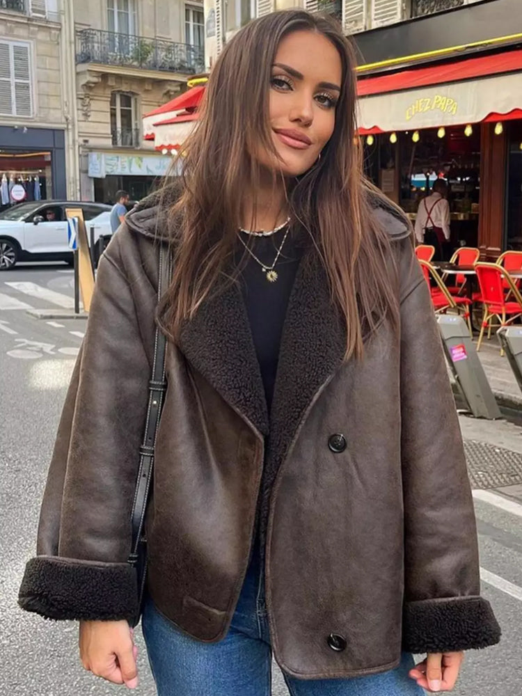 NOUVEAU RICHE Damen Übergroße Jacke Mit Pelz Kunstleder Winterjacke Braun