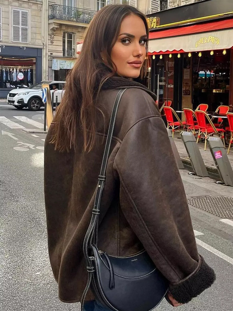 NOUVEAU RICHE Damen Übergroße Jacke Mit Pelz Kunstleder Winterjacke