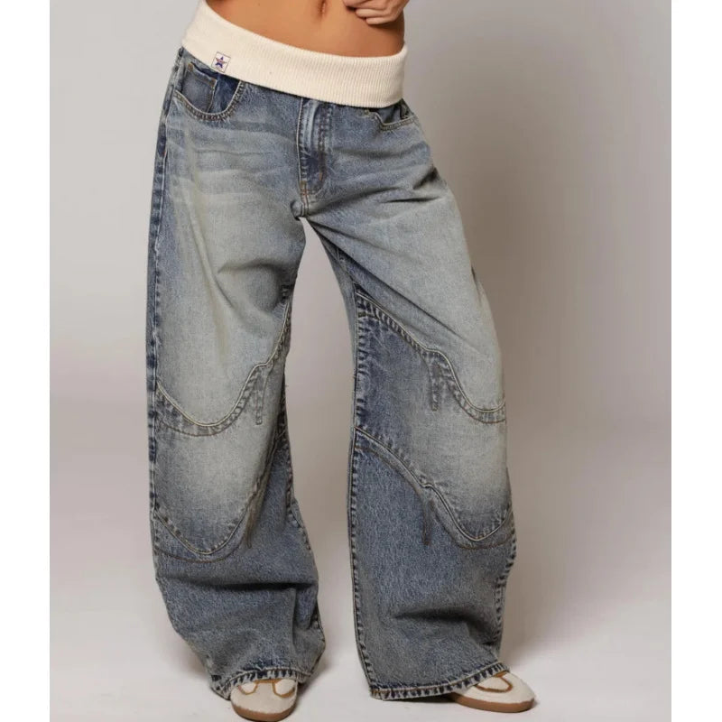 NOUVEAU RICHE Baggy Jeans Damen mit Statement-Nähten – Weite Jeans mit breitem Rippbund, Hellblau, S–2XL – Sephira
