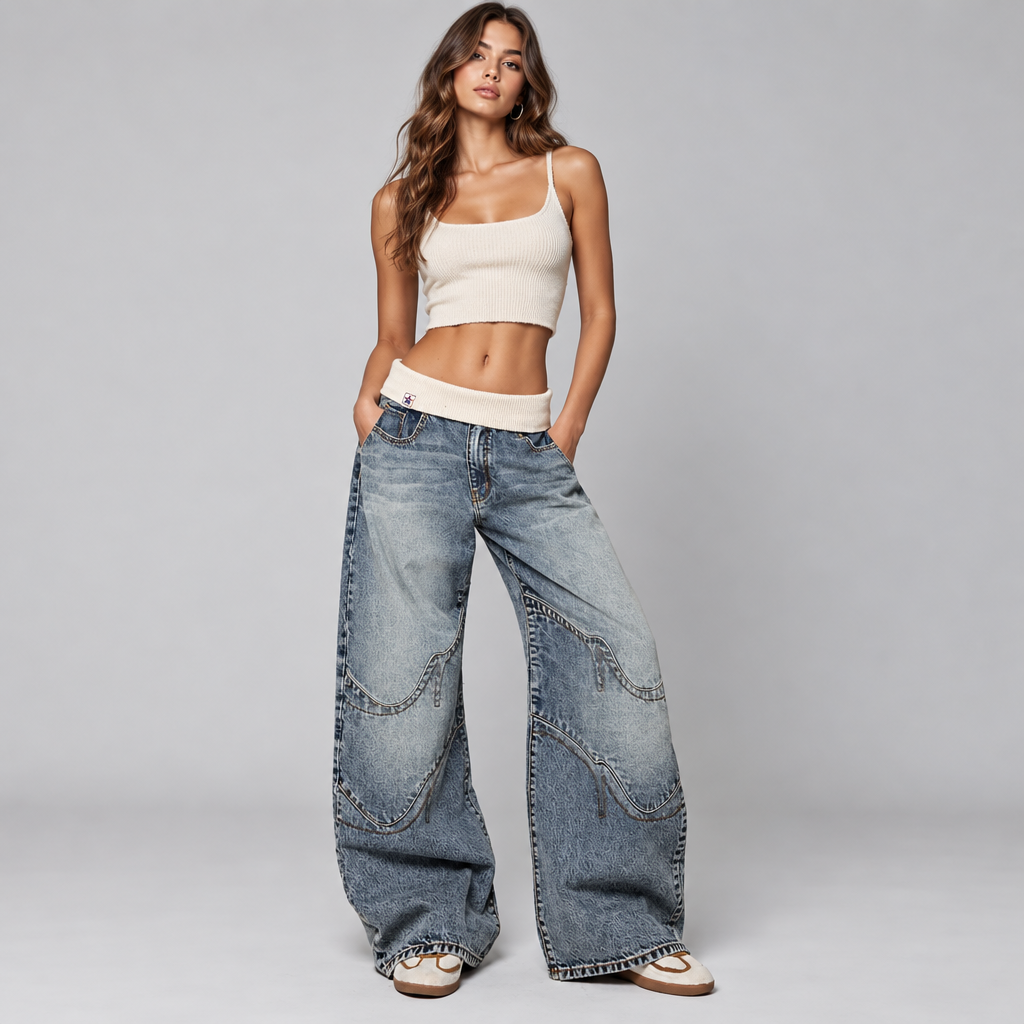 NOUVEAU RICHE Baggy Jeans Damen mit Statement-Nähten – Weite Jeans mit breitem Rippbund, Hellblau, S–2XL – Sephira