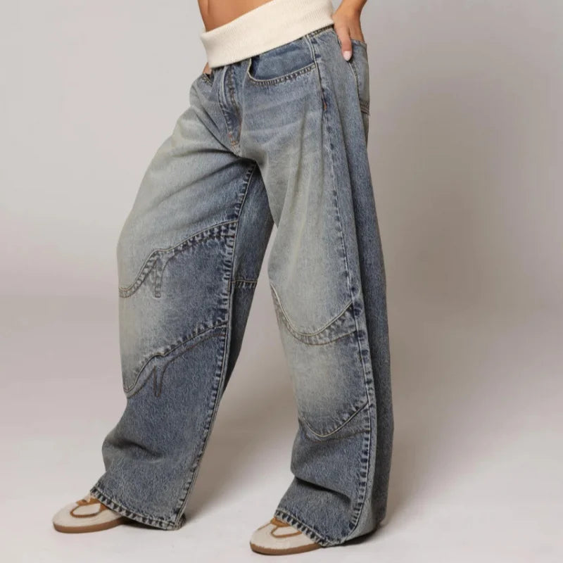NOUVEAU RICHE Baggy Jeans Damen mit Statement-Nähten – Weite Jeans mit breitem Rippbund, Hellblau, S–2XL – Sephira