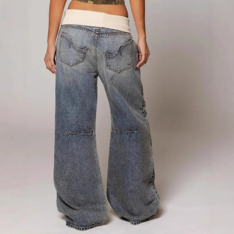 NOUVEAU RICHE Baggy Jeans Damen mit Statement-Nähten – Weite Jeans mit breitem Rippbund, Hellblau, S–2XL – Sephira