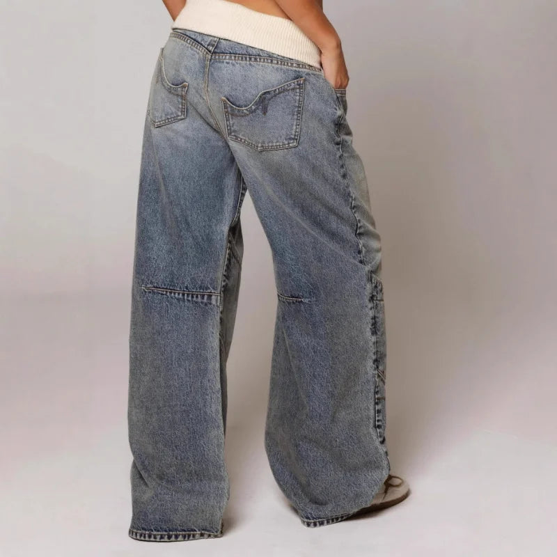 NOUVEAU RICHE Baggy Jeans Damen mit Statement-Nähten – Weite Jeans mit breitem Rippbund, Hellblau, S–2XL – Sephira