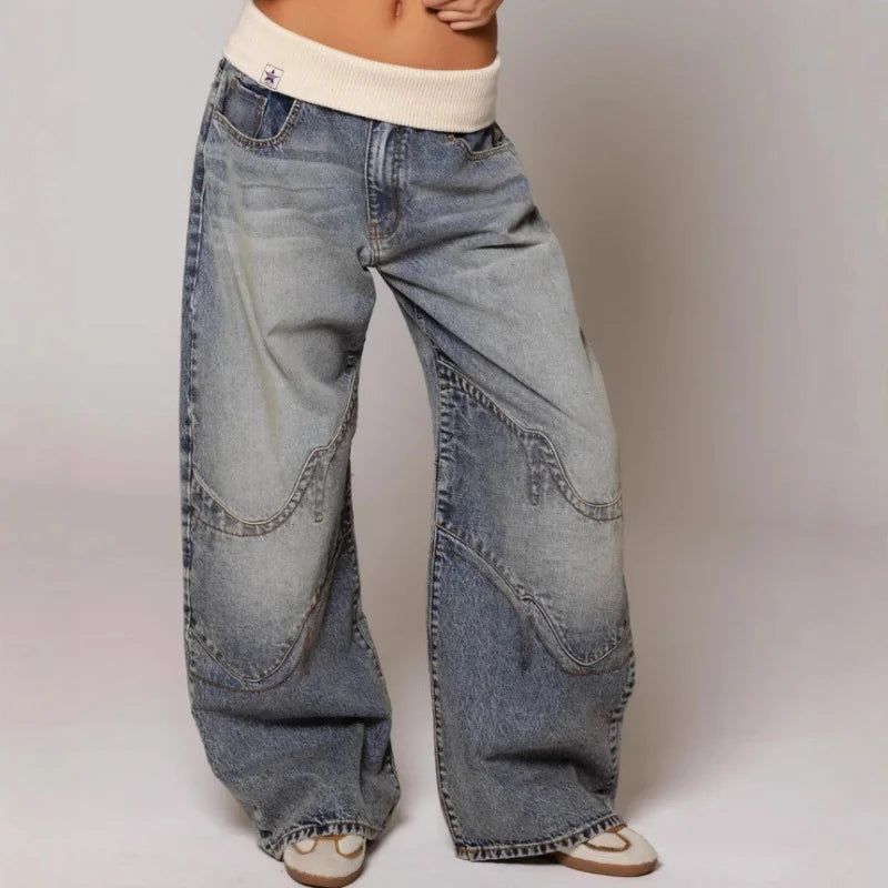 NOUVEAU RICHE Baggy Jeans Damen mit Statement-Nähten – Weite Jeans mit breitem Rippbund, Hellblau, S–2XL – Sephira