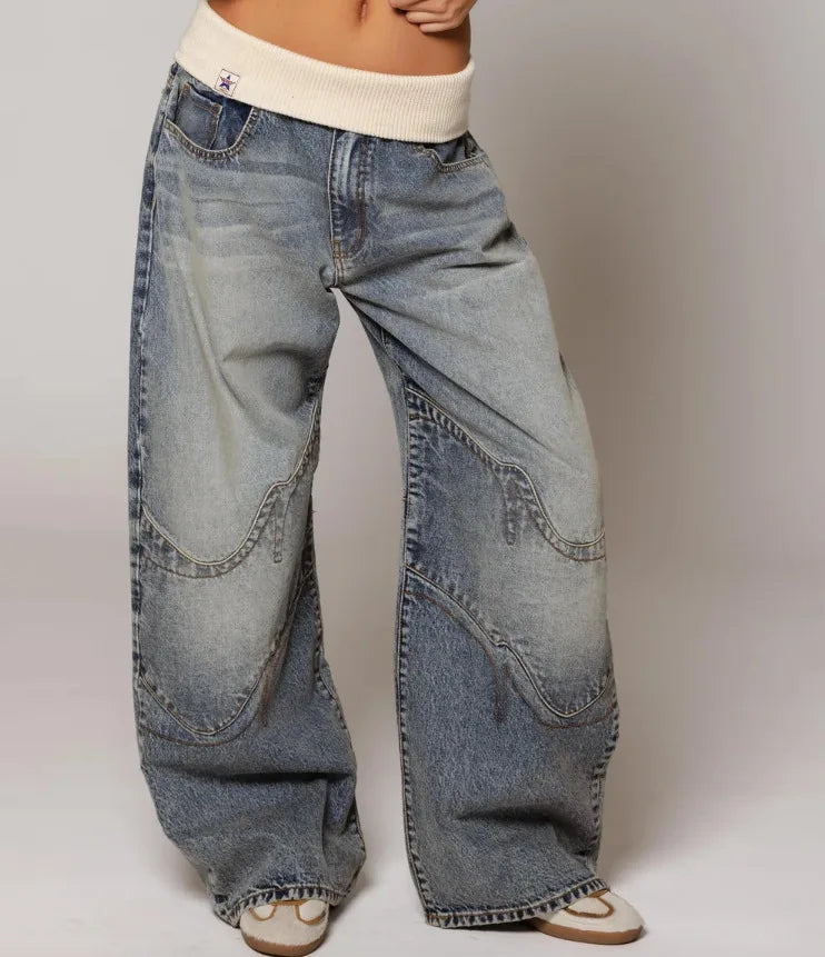 NOUVEAU RICHE Baggy Jeans Damen mit Statement-Nähten – Weite Jeans mit breitem Rippbund, Hellblau, S–2XL – Sephira Hellblau