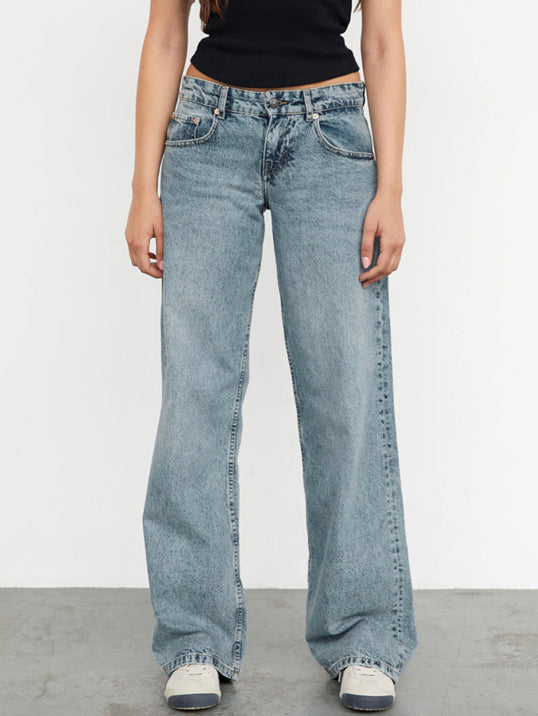 NOUVEAU RICHE Damen Baggy Mom Jeans Mit Niedriger Taille Y2K-Ästhetisch Weite Passform Hellblau