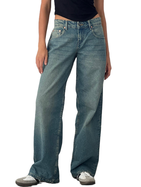 NOUVEAU RICHE Damen Baggy Mom Jeans Mit Niedriger Taille Y2K-Ästhetisch Weite Passform Blau