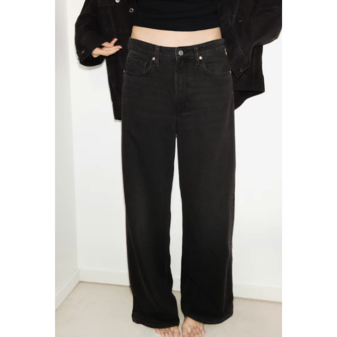 NOUVEAU RICHE Damen Baggy Mom Jeans Mit Niedriger Taille Y2K-Ästhetisch Weite Passform Schwarz