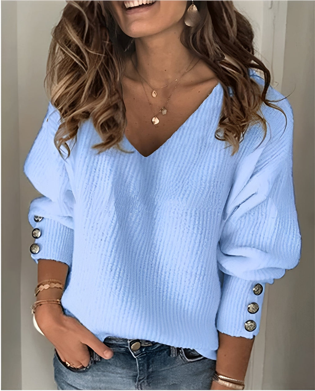 NOUVEAU RICHE Damen V-Ausschnitt Strickpullover – Weicher Strick & Elegantes Design Blau