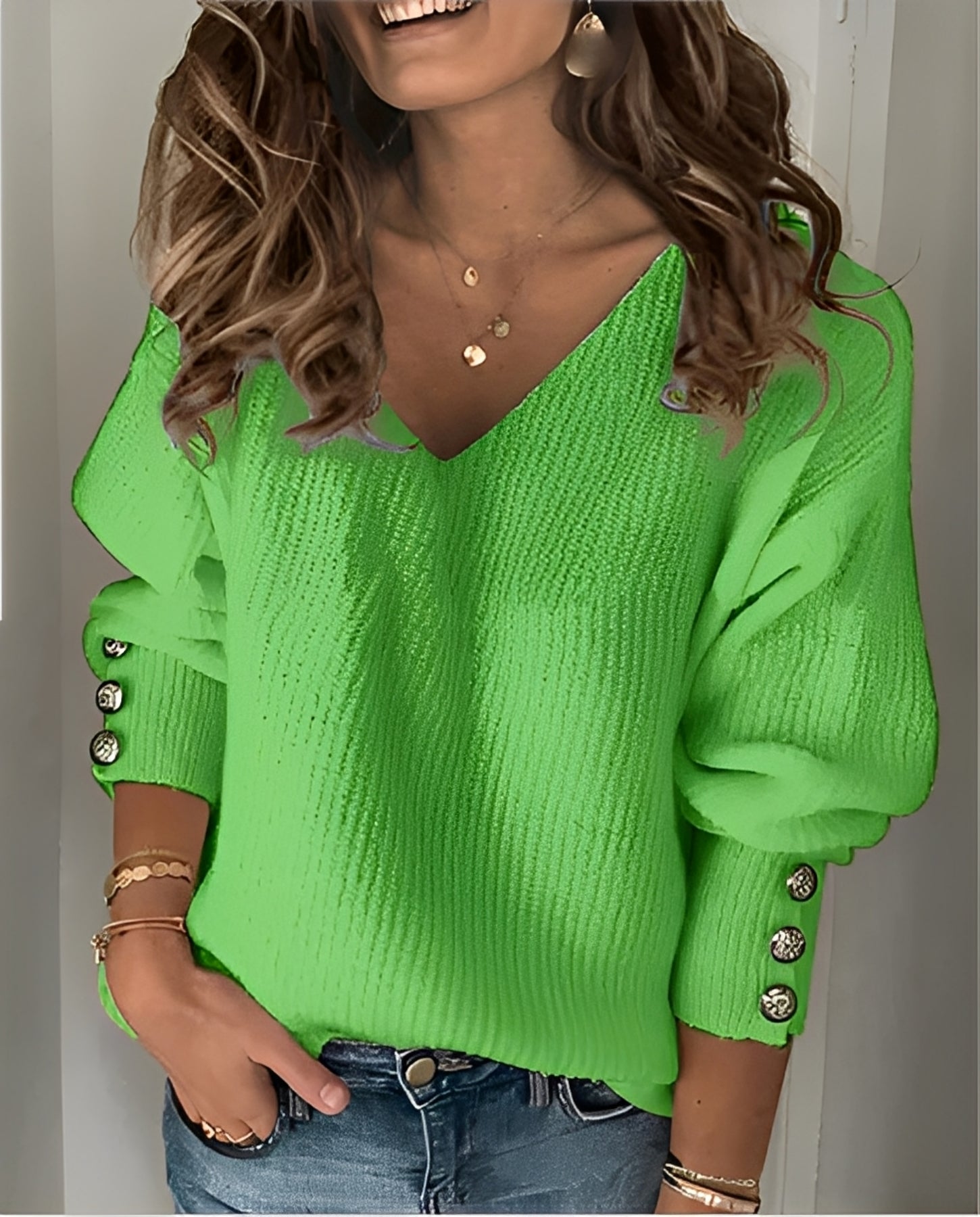 NOUVEAU RICHE Damen V-Ausschnitt Strickpullover – Weicher Strick & Elegantes Design Grün