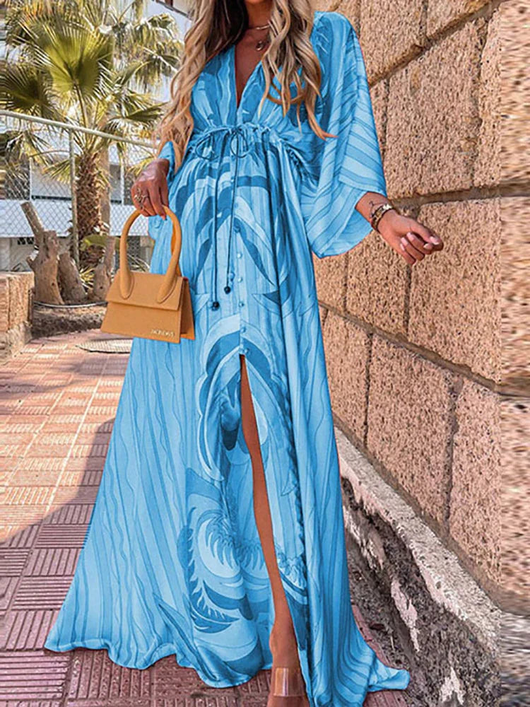 NOUVEAU RICHE Bedrucktes Strandkleid Mit Kunstvollen Mustern Und Schmeichelnder Silhouette Für Eleganten Strandlook Blau