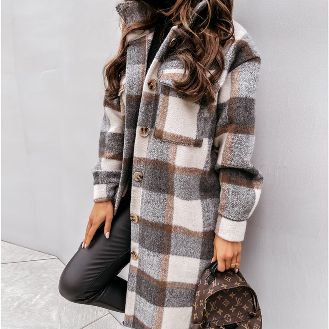 NOUVEAU RICHE Damenmantel Kariert Langmantel Alltagslook Herbstkollektion - Winterjacke - Wintermäntel Damen Beige--Grau