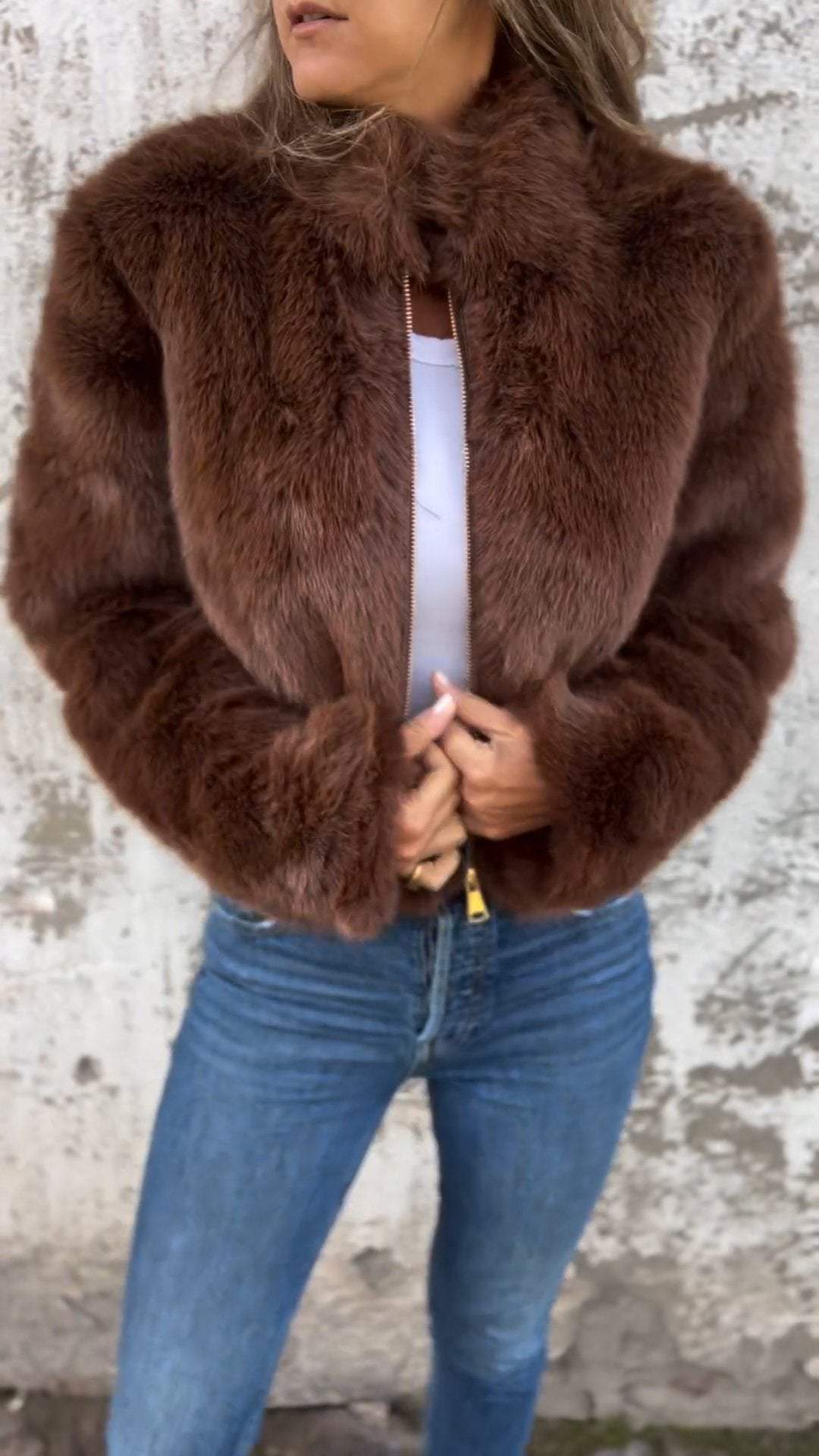 NOUVEAU RICHE Damen Kunstpelzjacke Mit Stehkragen Und Reißverschluss Eleganter Und Gemütlicher Mantel Für Kühle Tage