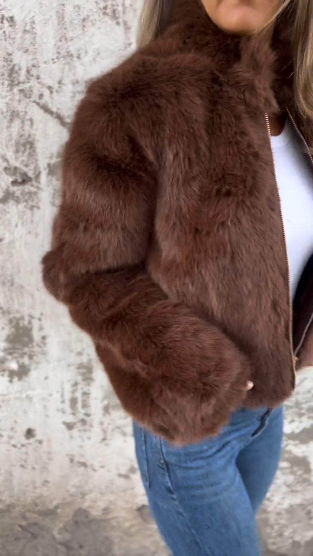NOUVEAU RICHE Damen Kunstpelzjacke Mit Stehkragen Und Reißverschluss Eleganter Und Gemütlicher Mantel Für Kühle Tage