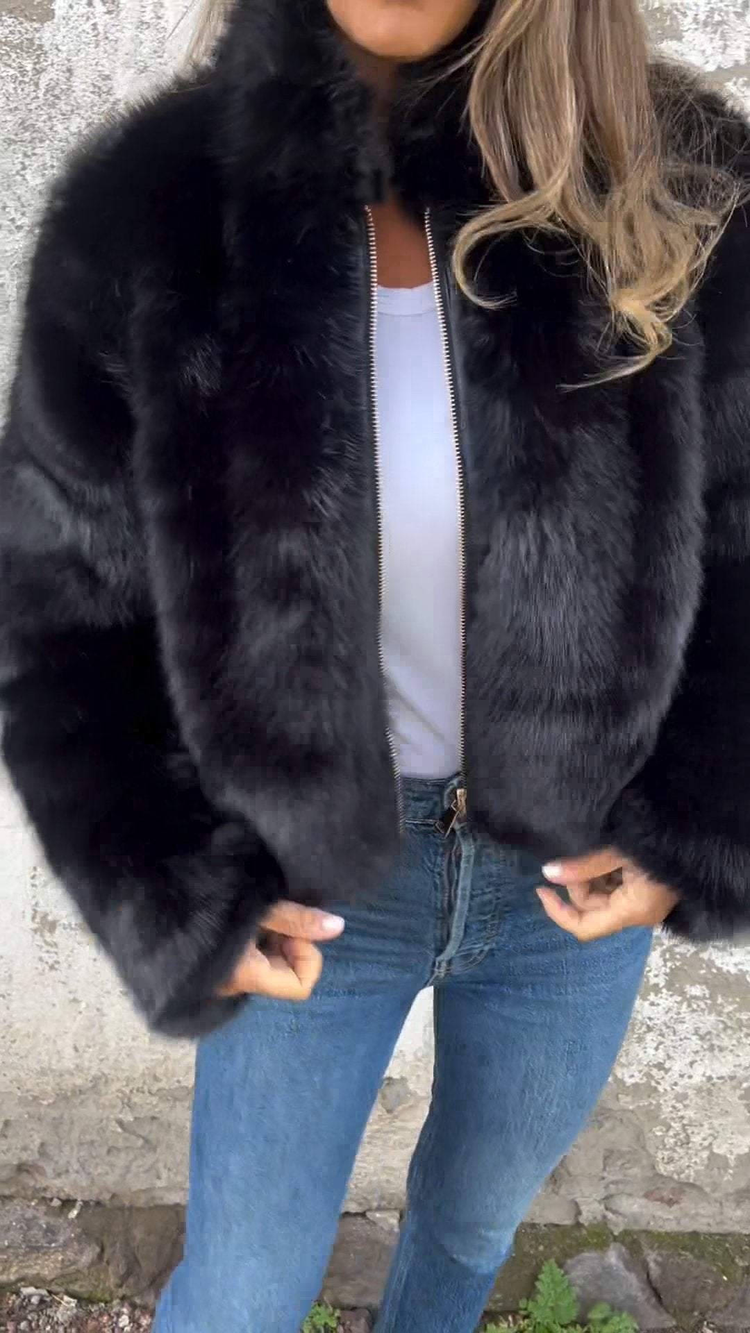NOUVEAU RICHE Damen Kunstpelzjacke Mit Stehkragen Und Reißverschluss Eleganter Und Gemütlicher Mantel Für Kühle Tage Schwarz