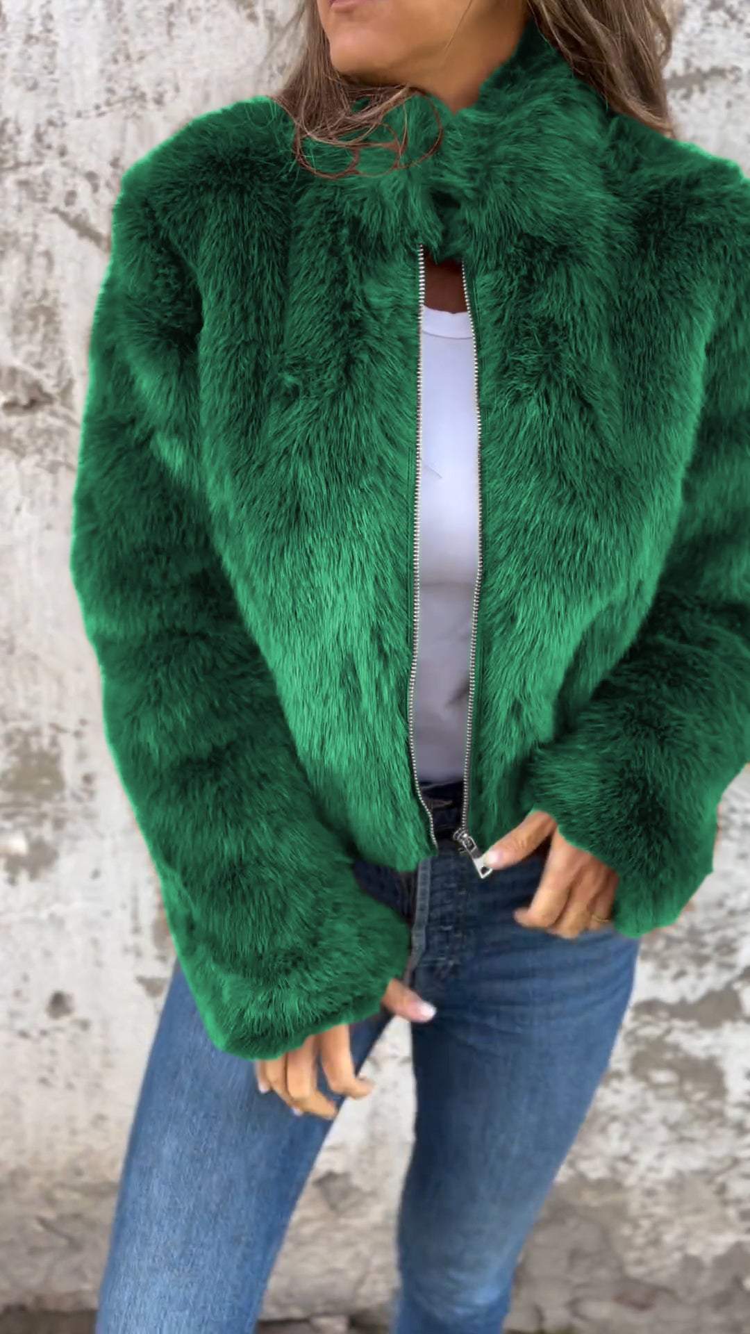 NOUVEAU RICHE Damen Kunstpelzjacke Mit Stehkragen Und Reißverschluss Eleganter Und Gemütlicher Mantel Für Kühle Tage Grün