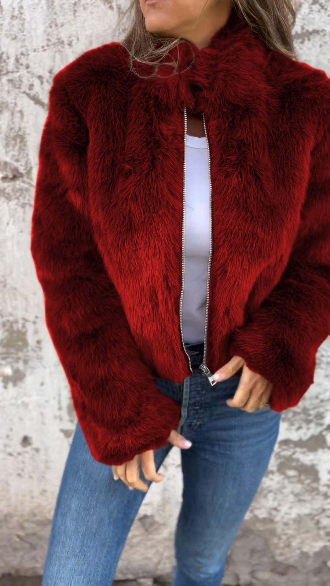 NOUVEAU RICHE Damen Kunstpelzjacke Mit Stehkragen Und Reißverschluss Eleganter Und Gemütlicher Mantel Für Kühle Tage Rot