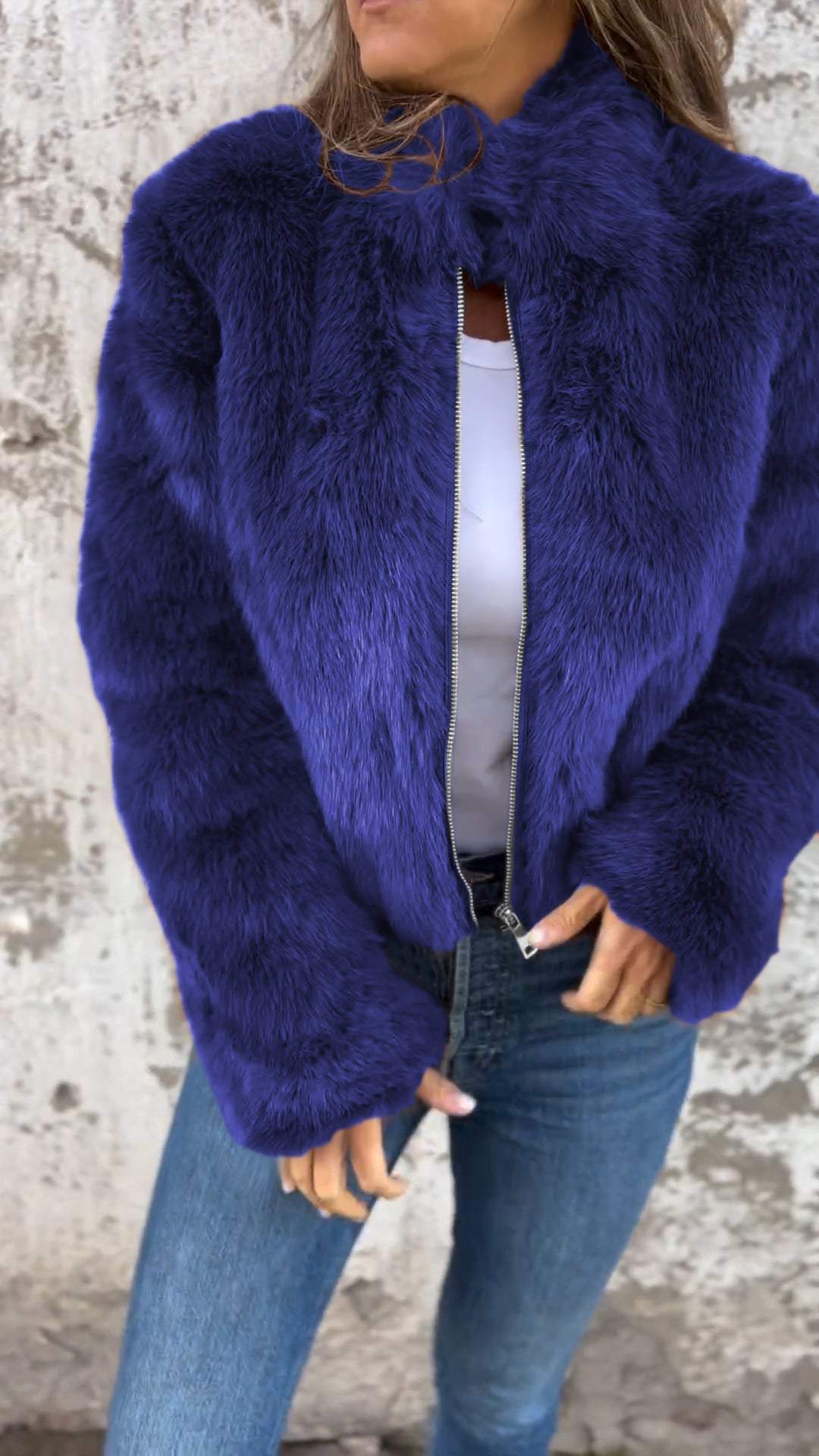 NOUVEAU RICHE Damen Kunstpelzjacke Mit Stehkragen Und Reißverschluss Eleganter Und Gemütlicher Mantel Für Kühle Tage Blau