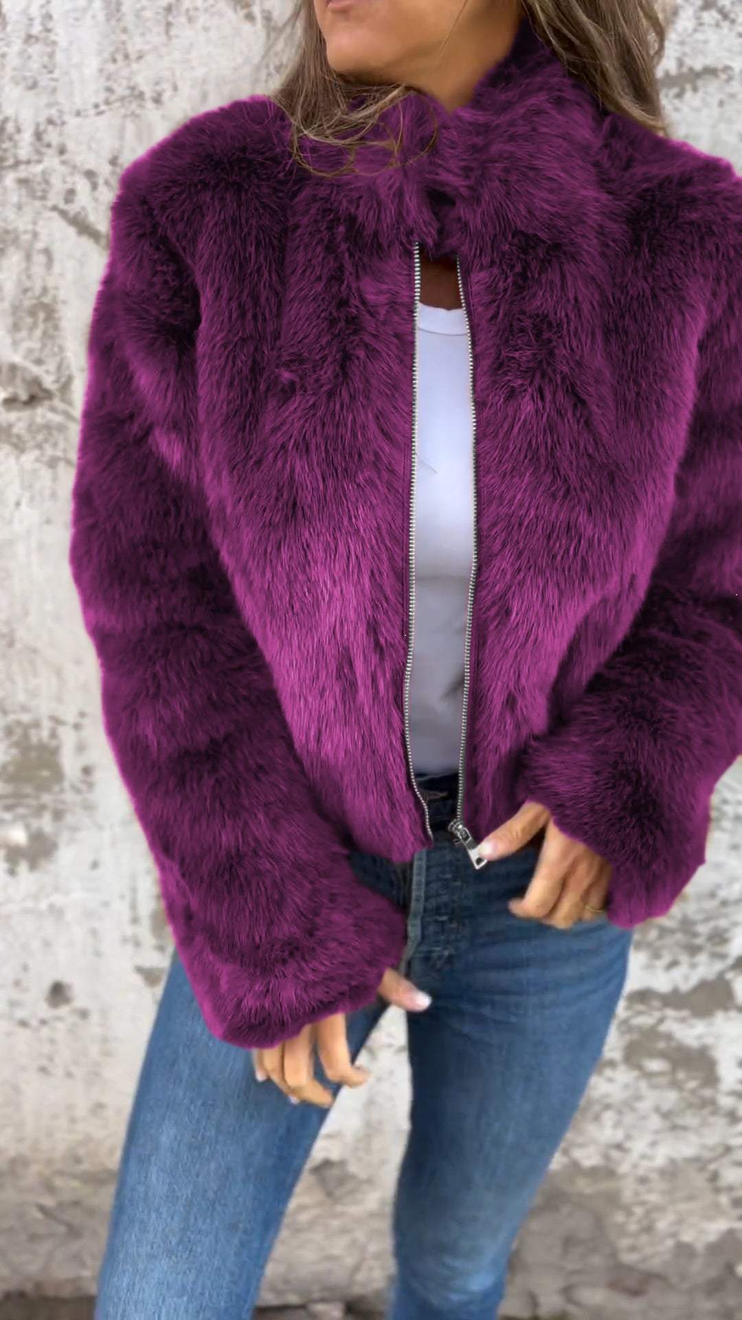 NOUVEAU RICHE Damen Kunstpelzjacke Mit Stehkragen Und Reißverschluss Eleganter Und Gemütlicher Mantel Für Kühle Tage Lila