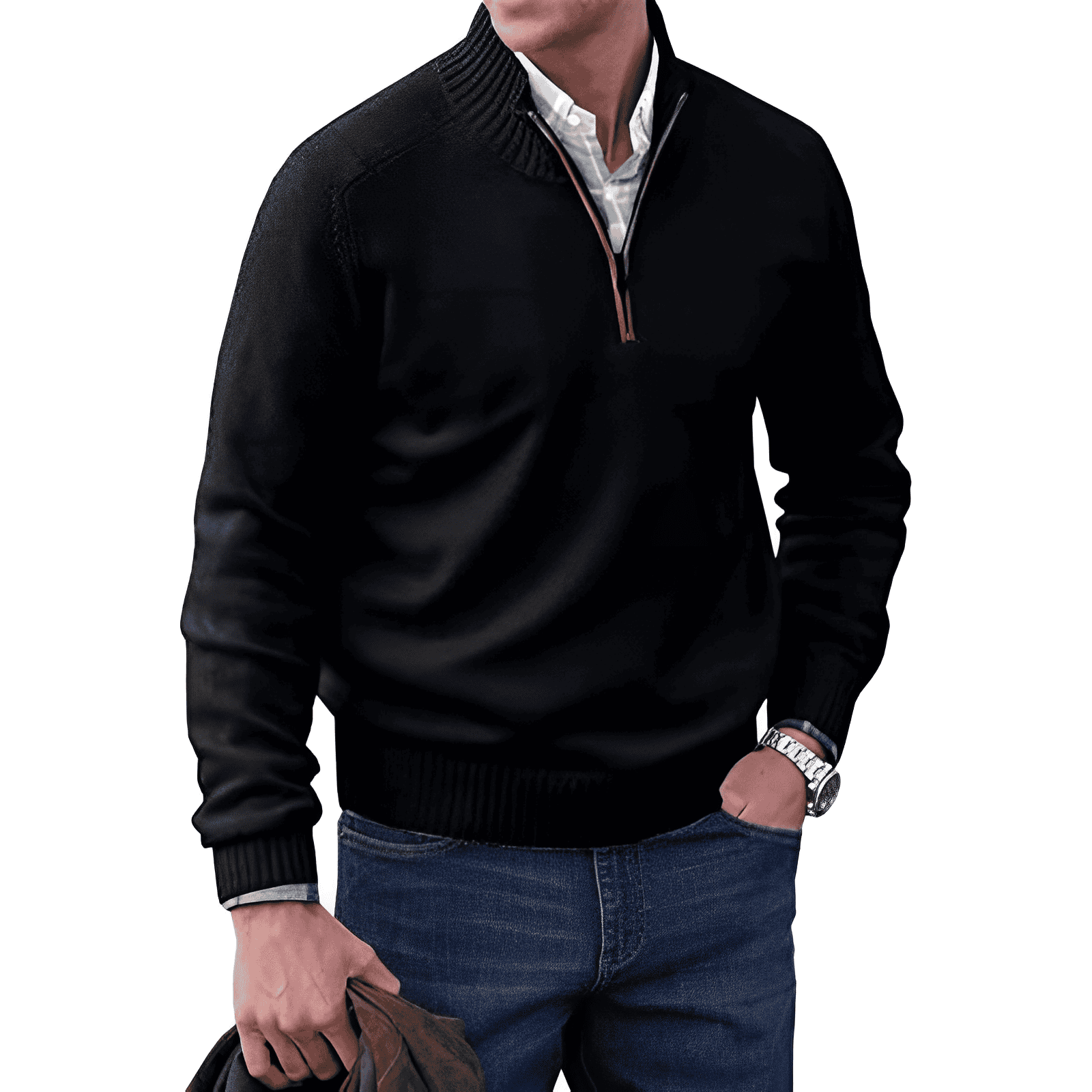 NOUVEAU RICHE Herrenpullover Viertelreißverschluss Modern Stilvoller Look Schwarz