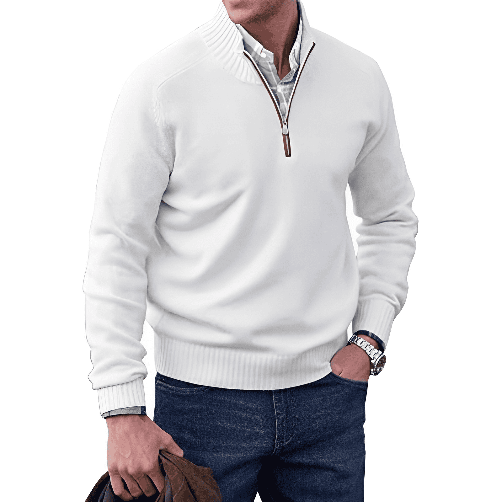 NOUVEAU RICHE Herrenpullover Viertelreißverschluss Modern Stilvoller Look Weiß