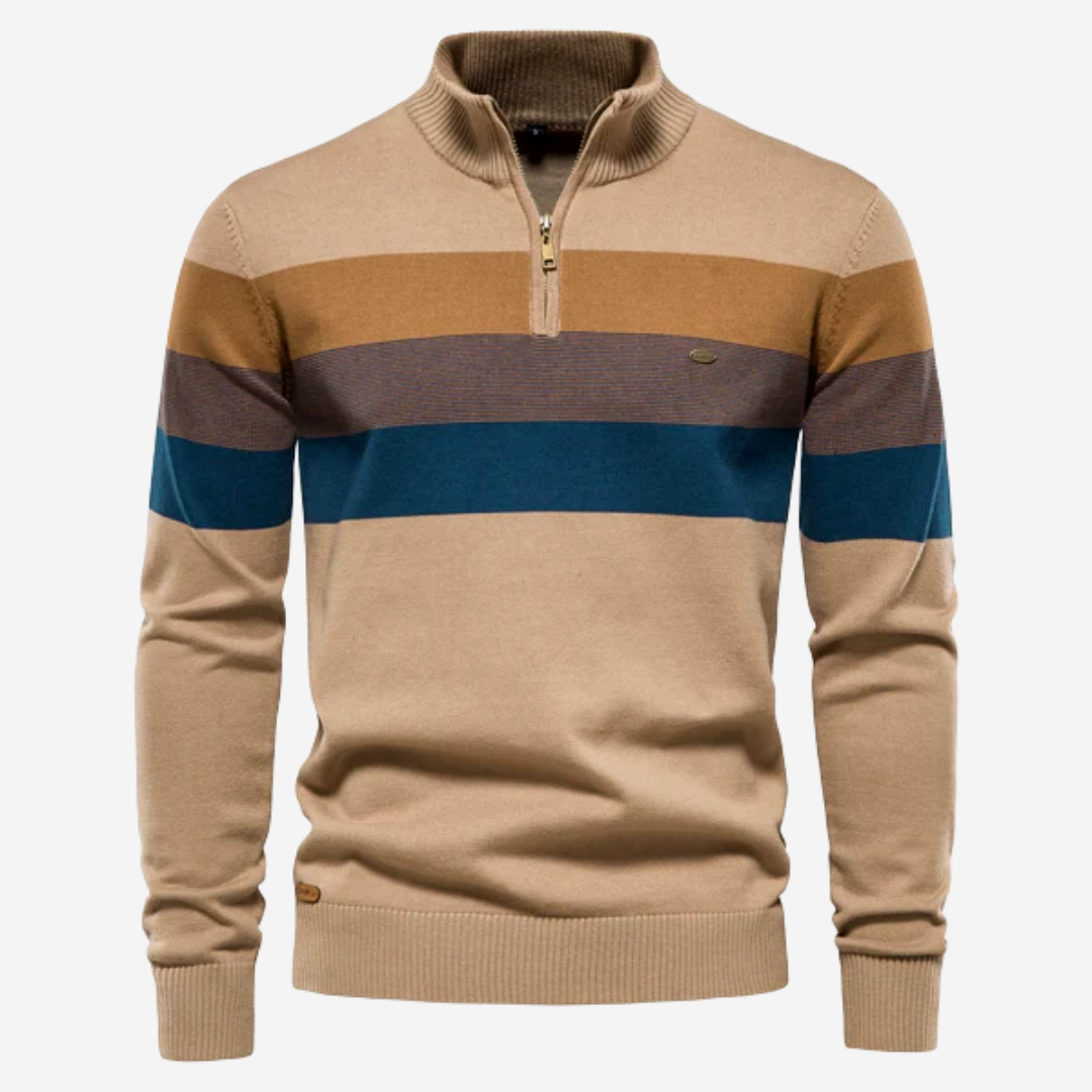 NOUVEAU RICHE Gestreifter Strickpullover Mit Viertelreißverschluss Für Herren Khaki