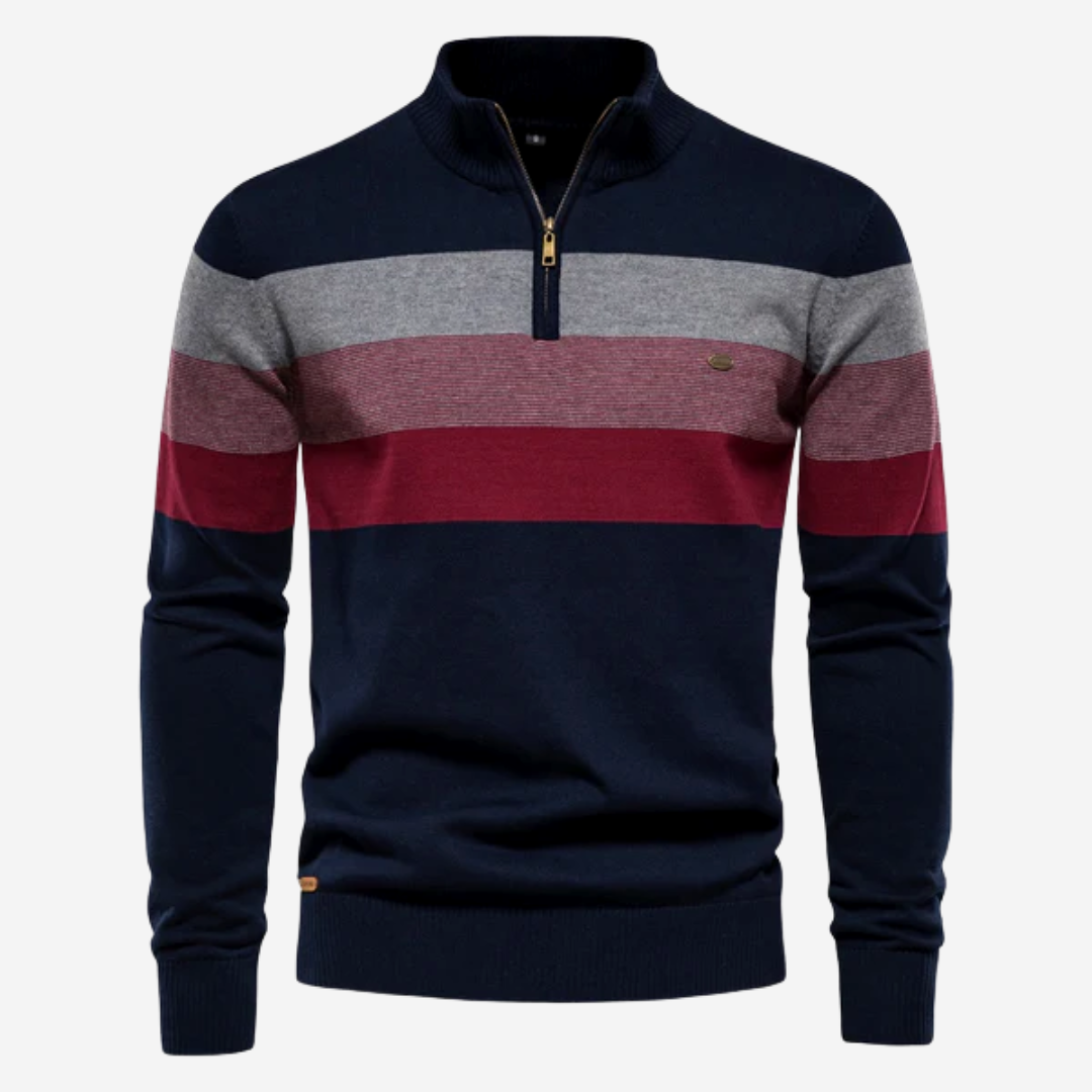 NOUVEAU RICHE Gestreifter Strickpullover Mit Viertelreißverschluss Für Herren Marineblau